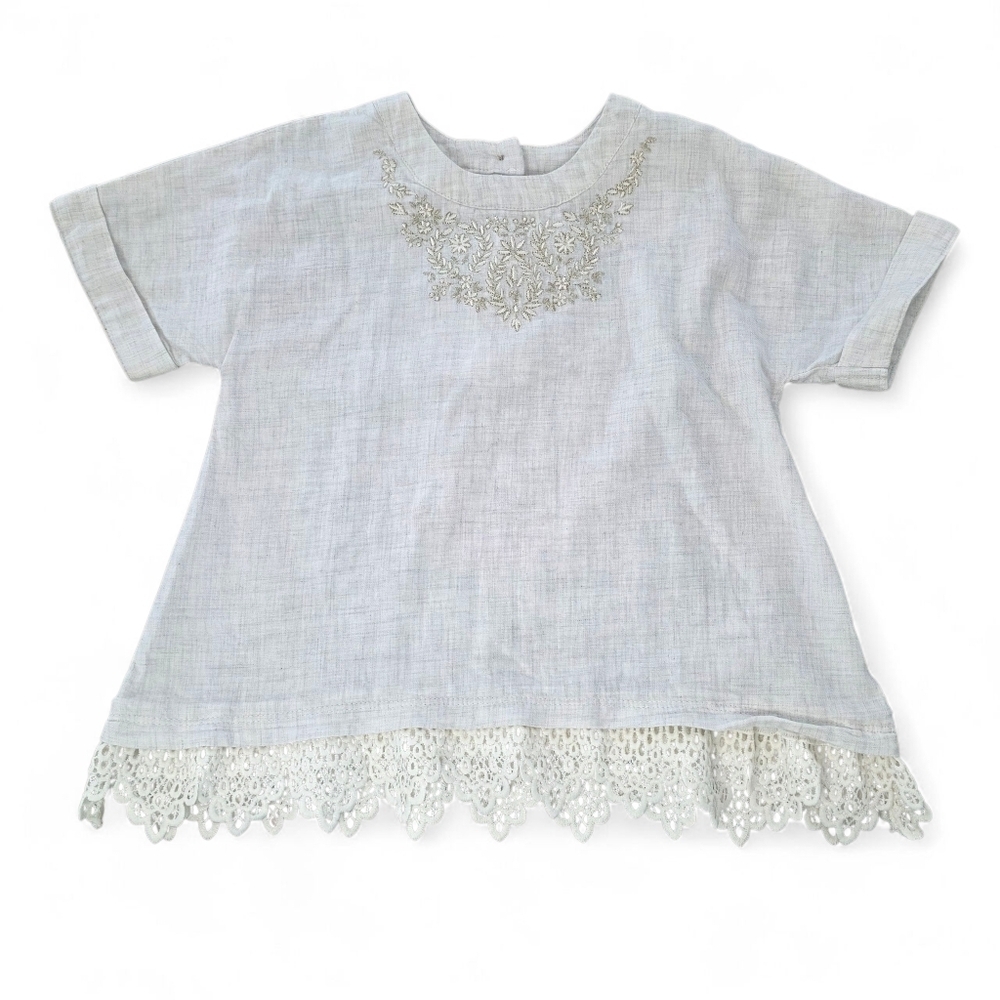 Cynthia Rowley Girls Cotton Top Tunic White Grey Embroidered Lace Hem Size 4T